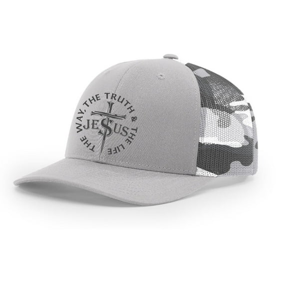 Christian Jesus The Way The Truth and The Life Mens Embroidered Mesh Back Trucker Hat, Silver/Grey Camo