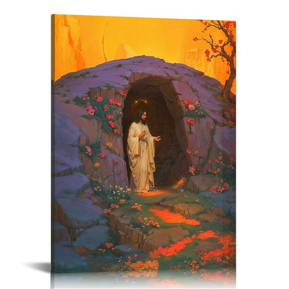 Christian Jesus Wall Art Jesus Leaves the Tomb Canvas Painting Resurrected Savior Leaves the Tomb Posters Prints He Is Risen Pictures for Church Home Bedroom living room Home Wall Decor Framed