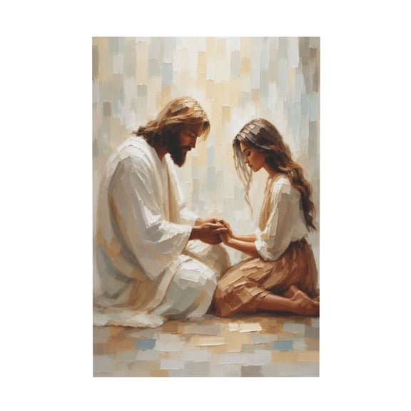 Christian Jesus and Woman Praying Canvas Wall Art for Living Room Bedroom Church Home Decoration White 12*18in