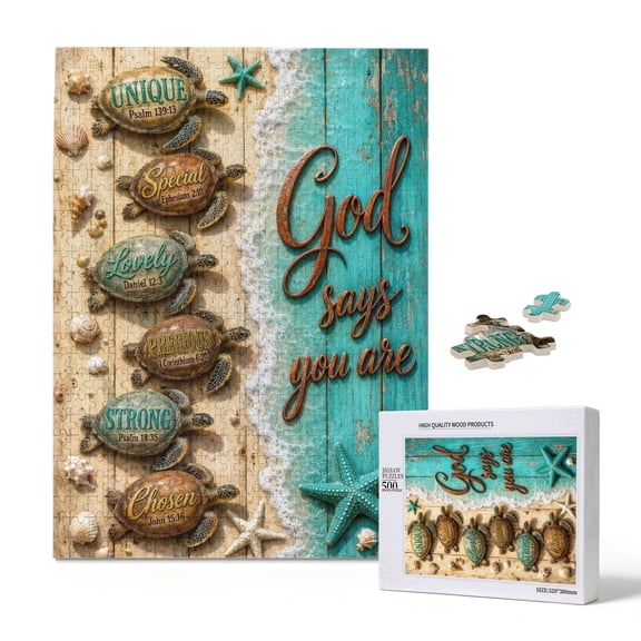 Christian Jigsaw Puzzle 500 Pieces Beach Turtle Scripture Art Sea Turtle God Says You Are, Christian Beach Theme Motivational Bible Quote