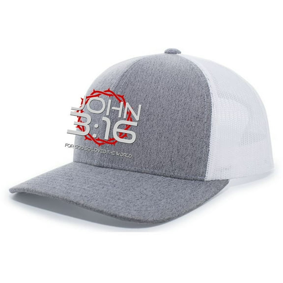 Christian John 3:16 For Got So Loved The World Mens Embroidered Mesh Back Trucker Hat, Heaher Grey/White