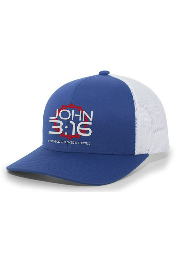 Christian John 3:16 For Got So Loved The World Mens Embroidered Mesh Back Trucker Hat, Royal/White