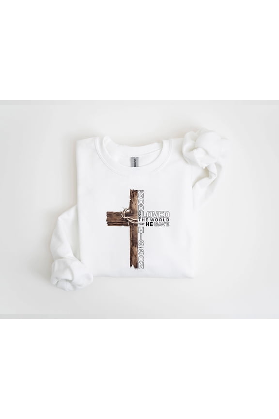 "Christian John 3:16 Sweatshirt – Rustic Wooden Cross and Crown of Thorns Religious Pullover for Faith and Inspiration"