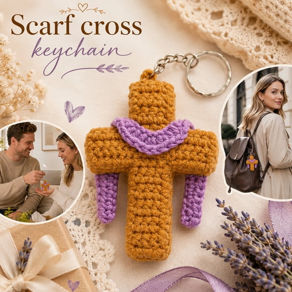 Christian Keychain, 100% Cotton Yarn Handmade Cross Amigurumi Charm, Soft Crocheted Handcrafted Charm, Small Meaningful Faith Ornament, 1Pc 3X2.5 Inch Smooth Non-Scratch Key Ring