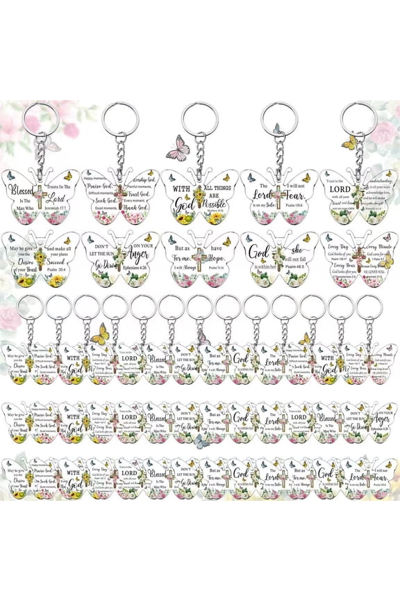 Christian Keychain Gift Bulk Religious Bible Verse Scripture Inspirational Acrylic Church Gift for Women Birthday(Butterfly,50 Pcs)