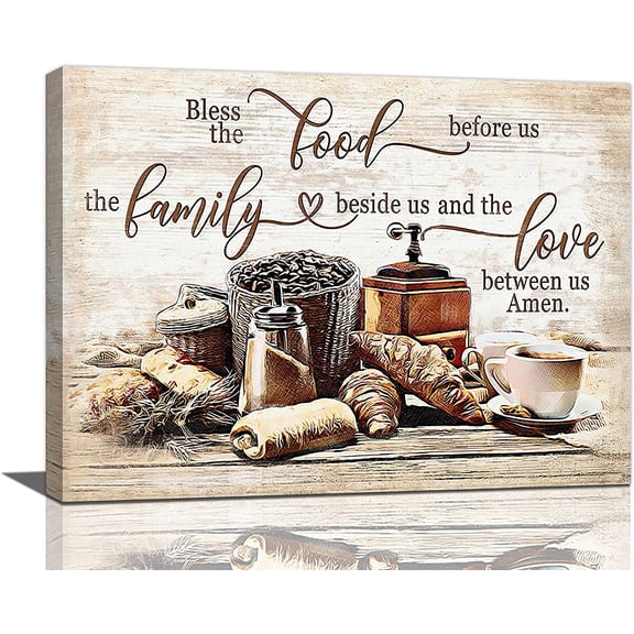 Christian Kitchen Canvas Wall Art with Quote, Rustic Coffee and Bread Artwork, Faith-Inspired Dining Room Wall Decor, Framed Canvas Print for Kitchen or Restaurant