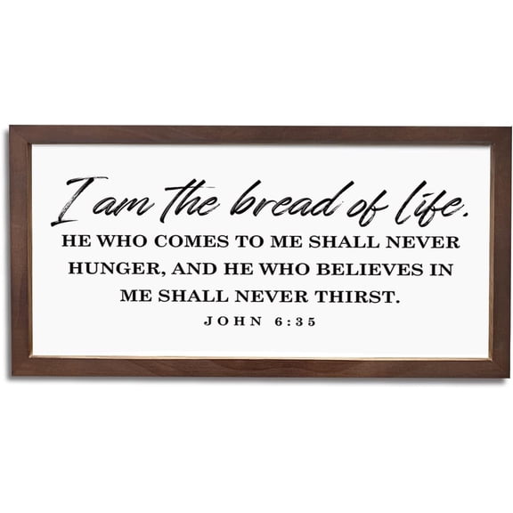 Christian Kitchen Signs, Home Dining Room Decor, Farmhouse Metal Framed Sign 12" x 8" inches, Rustic Home Decor for Kitchen Wall, Bible Verse Scripture Decors, I am the Bread of Life Sign