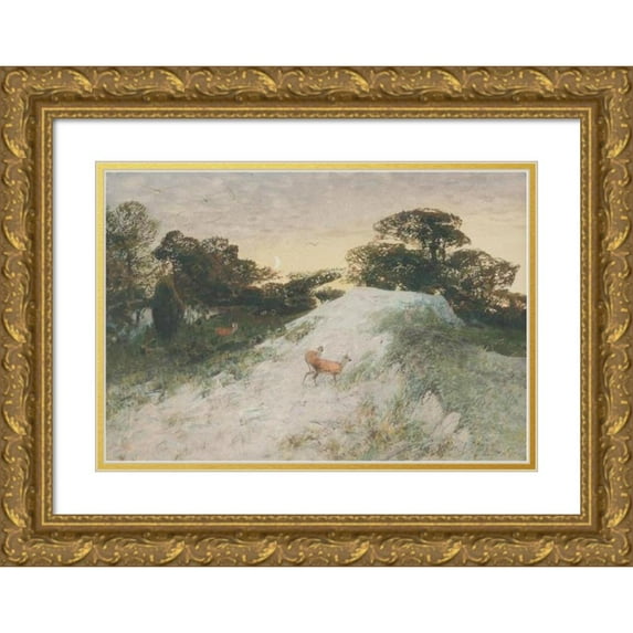 Christian Kröner 14x11 Gold Ornate Wood Frame and Double Matted Museum Art Print Titled - Landscape with Red Deer (1893)