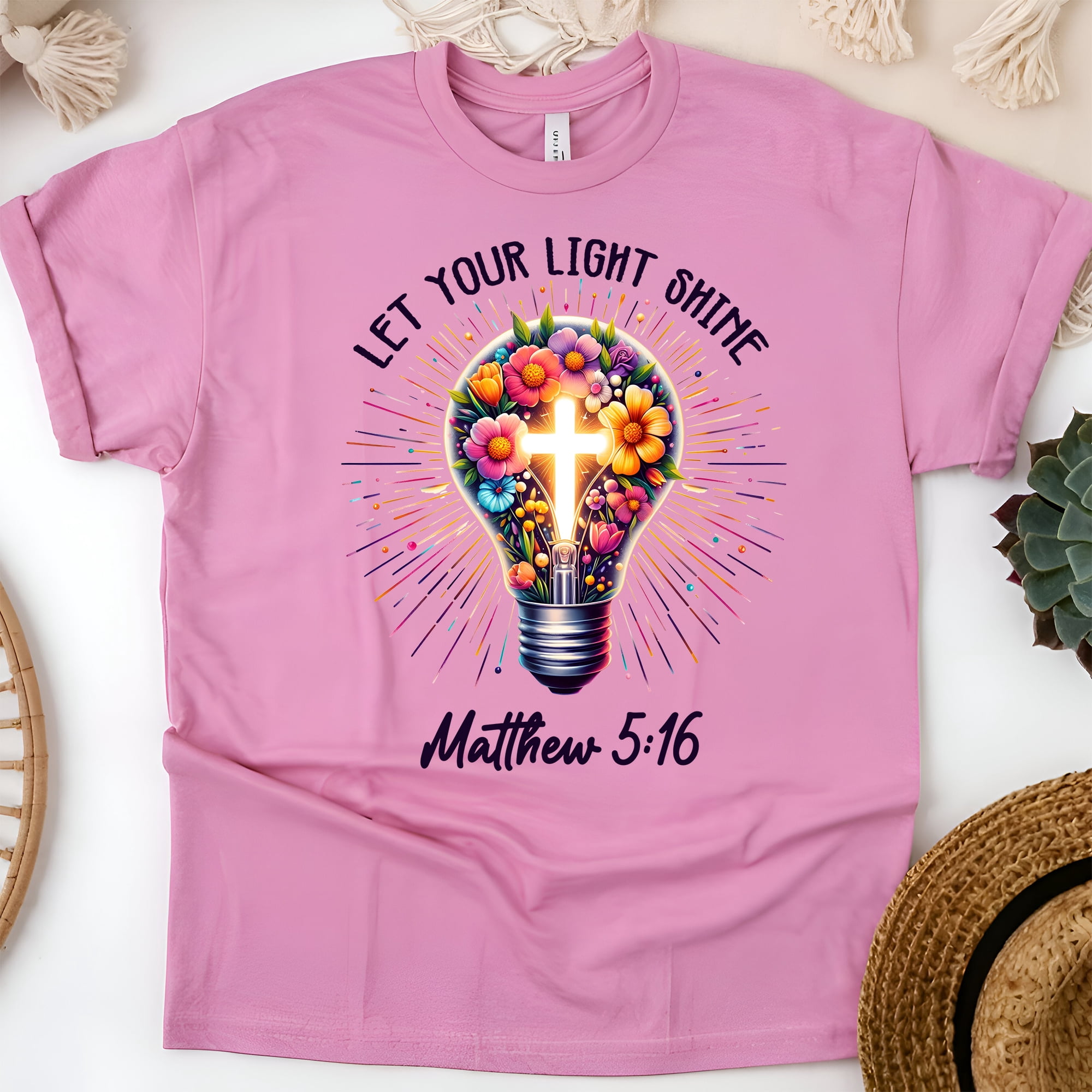 Christian Let Your Light Shine Matthew 5:16 Bible Verse T-Shirt, Azalea ...
