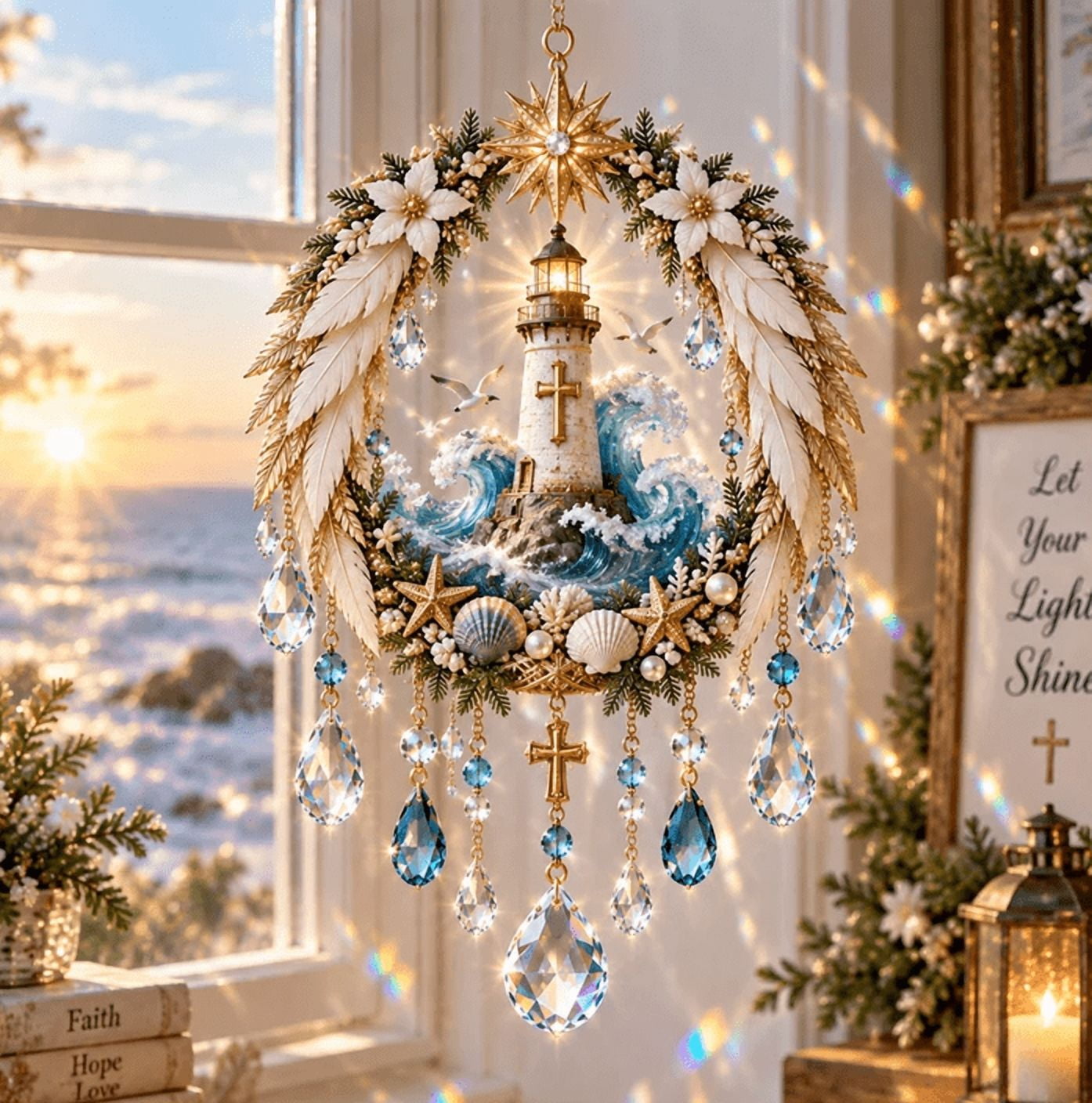 Christian Lighthouse Faith Inspired Crystal Suncatcher Hanging Window ...