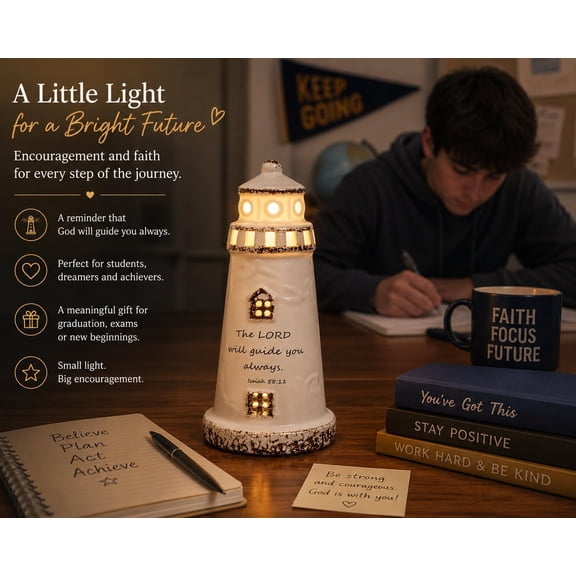 Christian Lighthouse Lamp Small Ceramic Night Light with Bible Verse, Inspirational Faith Gift for Kids, Students,Baptism,Birthday,Journey,Warm Light Up Decor for Bed Room or Desk 5" H