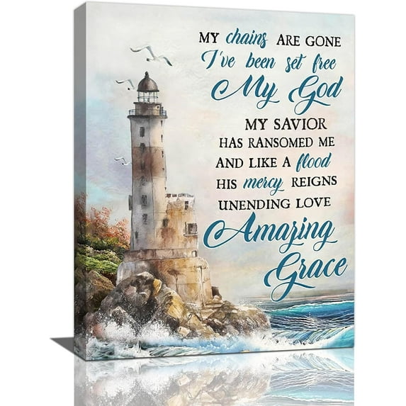 Christian Lighthouse Wall Art Coastal Lighthouse Nautical Poster Pictures Wall Decor Amazing Grace Inspirational Quotes Painting Print Modern Artworks for Bathroom Bedroom Living Room 12"x16"