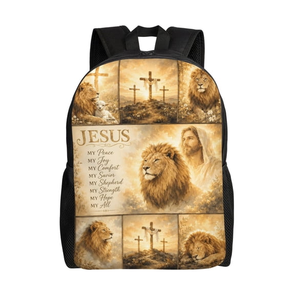 Christian Lion Cross Backpack Full Front Print Travel Laptop Bag for Men and Women