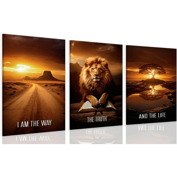 Christian Lion Wall Art, Lion and Scenery Pictures canvas Prints Posters Bible Verse Inspirational Paintings Wall Decor for Living Room Bedroom Church Office Decoration（Only canvas）