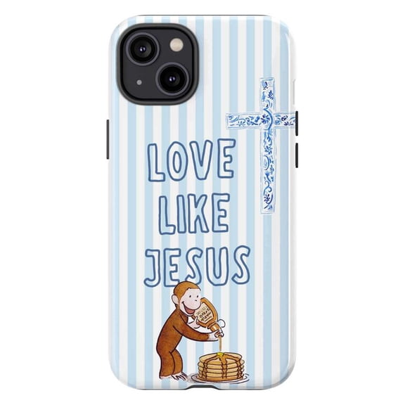 Christian Love Like Jesus Curious Monkey Pancakes & Cross Phone Case, Blue Stripe Religious Protective Cover for iPhone 17 16 15 14 13 12 11 Pro Plus Mini