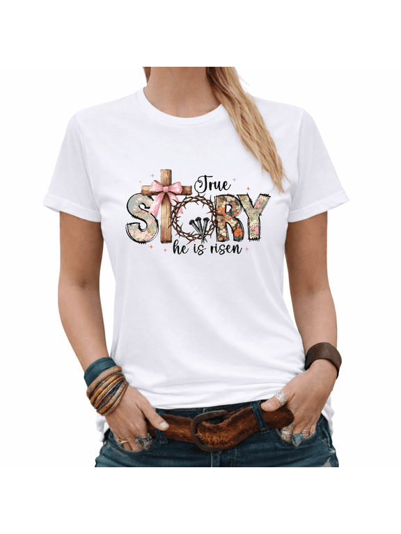 Christian Lover He Is Risen Easter Cross Graphic Tees Womans Tshirt White S-5XL Tops