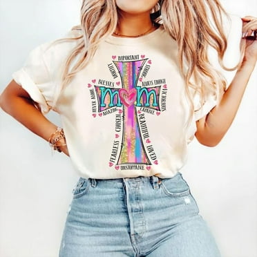 Christian Mama T-Shirt, Strong Worthy Beautiful Loved Tee, Hand Drawn Cross Shirt, Watercolor Faith Shirt, Mother's Day Tee