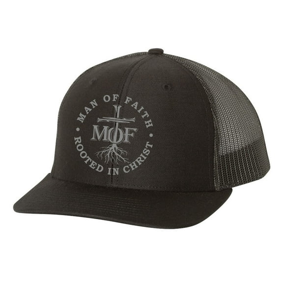 Christian Man of Faith Rooted In Faith Mens Embroidered Mesh Back Trucker Hat, Black/Black