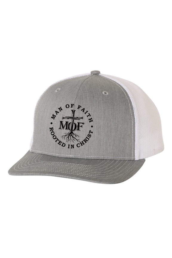 Christian Man of Faith Rooted In Faith Mens Embroidered Mesh Back Trucker Hat, Heather Grey/White