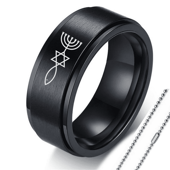 Christian Messianic Stainless Steel Spinner Ring Necklace with Chain, Messianic of Judaism Jewish Star of David Christ Fish Rotatable Anxiety Relieve Ring Israel Religious Jewelry Gifts, # 12, Black