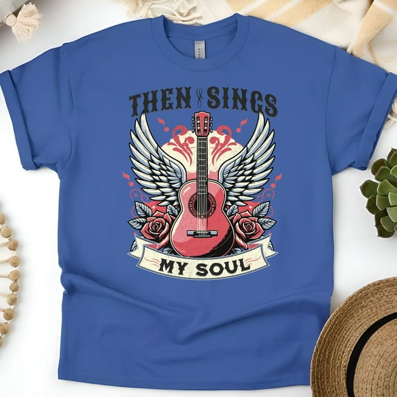 Christian Music T-Shirt – Then Sings My Soul Graphic Tee with Guitar and Wings, Royal, Size M