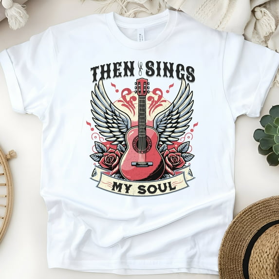 Christian Music T-Shirt – Then Sings My Soul Graphic Tee with Guitar and Wings, White, Size S