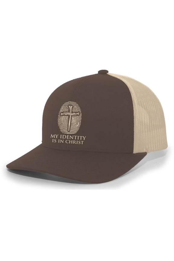 Christian My Identity Is In Christ Jesus Fingerprint Nail Cross Jesus Mens Mesh Back Trucker Hat Baseball Cap, Brown/Khaki