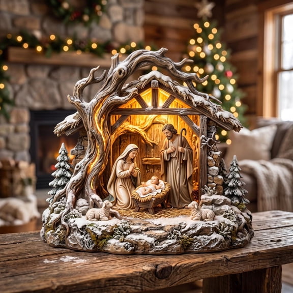 Christian Nativity Scene Layered Wooden Block, Sacred Christmas Tabletop Decor