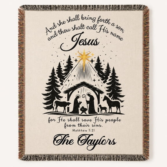 Christian Nativity Woven Cotton Throw Blanket with Fringe, Scripture Design