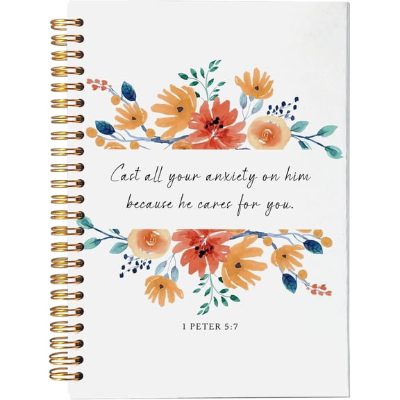 Christian Notebook Journal, Journaling Notebook, Gratitude Prayer Journal Notebook, Inspirational Christian Religious Gifts for Women, 1 Peter 5:7, Spiral Bound 5.5x8.3