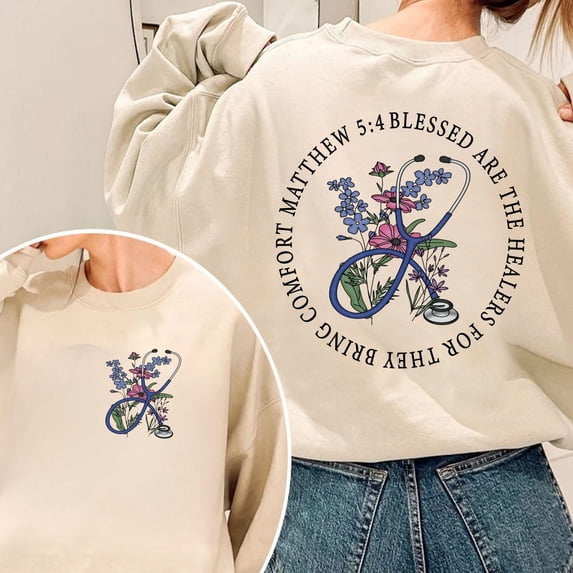 Christian Nurse Sweatshirt with Floral Stethoscope Design and Bible Verse - Healing Crewneck in Light Beige
