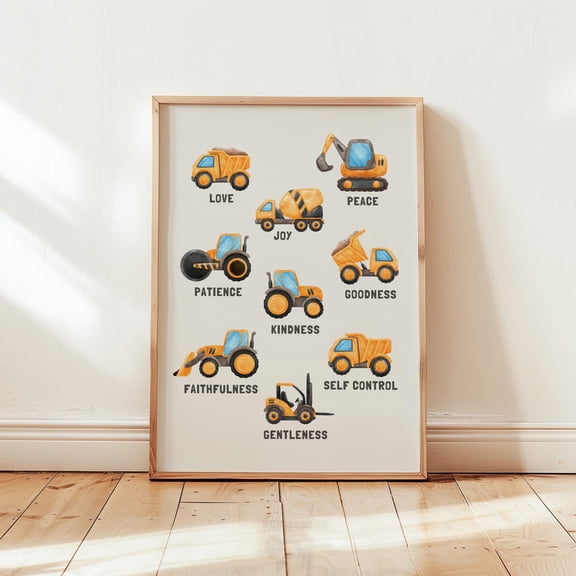 Christian Nursery Print Construction Trucks Fruit Of The Spirit, Unframed Paper Poster 8x10in