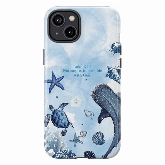 Christian Ocean Animal iPhone Case – Whale Shark, Turtle & Starfish with Bible Verse Luke 1:37 'Nothing is Impossible with God