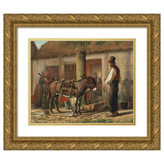 Christian Olavius Zeuthen 18x15 Gold Ornate Wood Frame and Double Matted Museum Art Print Titled - Farm Tendering with Figures and Animals Around the Water Trough (1868)