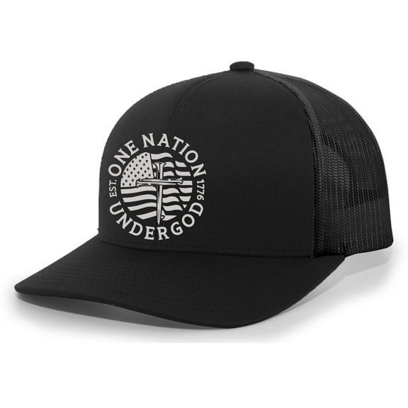 Christian One Nation Under God Est. 1776 Mens Embroidered Mesh Back Trucker Hat, Black/Black
