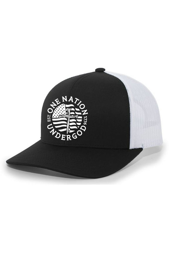 Christian One Nation Under God Est. 1776 Mens Embroidered Mesh Back Trucker Hat, Black/White