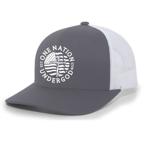 Christian One Nation Under God Est. 1776 Mens Embroidered Mesh Back Trucker Hat, Charcoal/White