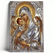 Christian Orthodox Virgin Mary and Child Jesus Canvas Wall Art, Sacred Madonna Silver Gold Icon Matte Finish Gallery Wrapped, Religious Church Living Room Decor 8*12