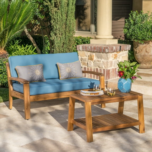 Christian Outdoor Acacia Wood Loveseat and Coffee Table Set, Teak Finish and Blue