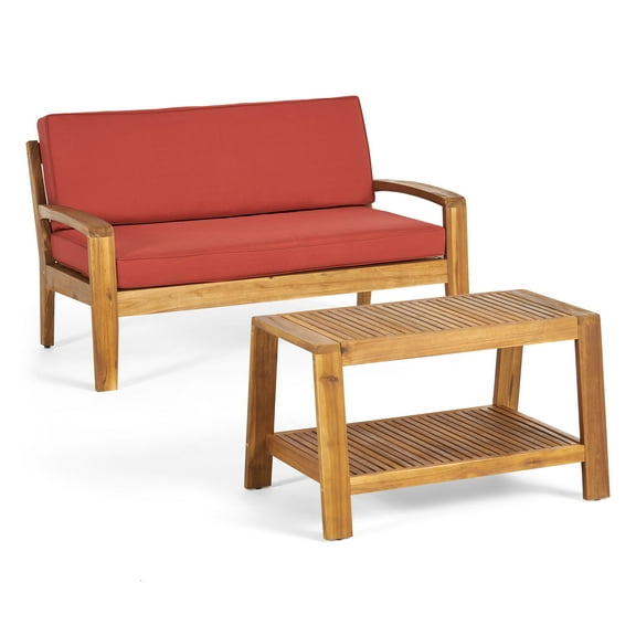 Christian Outdoor Acacia Wood Patio Conversation Set with Cushions, Teak Finish and Red