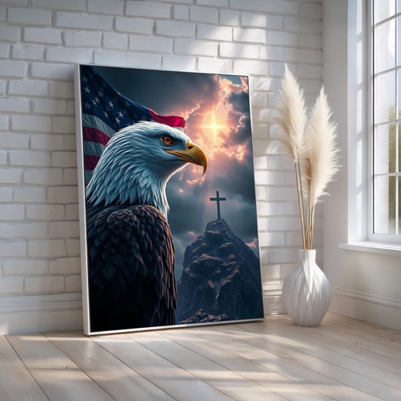 Christian Patriotic Eagle Wall Art | Bald Eagle With Cross And Usa Flag Canvas Print | Faith & Freedom Decor | Ready To Hang, Unframed Canvas Size 12x18