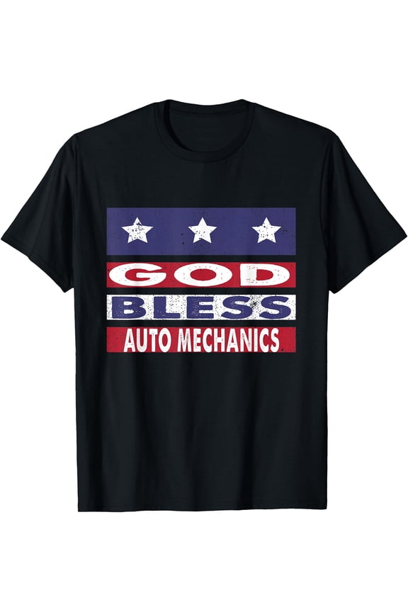 Christian Patriotic T Shirt God Bless Auto Mechanics Stars and Stripes Graphic Tee for Garage Work and Labor Day, Unisex Cotton T-shirt, Size S-5XL