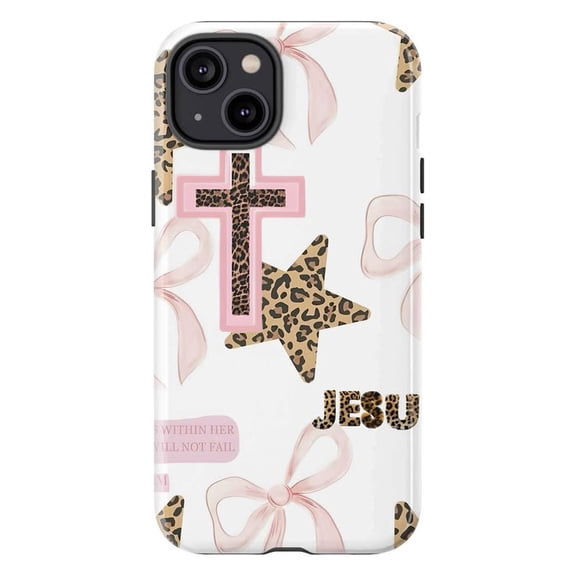 Christian Phone Case, Pink Leopard Cross Jesus Bow Religious Quote Cover for iPhone 17 16 15 14 13 12 11 Plus Pro Max Mini