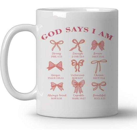 Christian Pink Bows Coffee Mugs, God Says I Am, Coquette Bible Ceramic Coffee Mug, Christian Gifts for Women, Positive Affirmantions Coffee Cup, 11oz Ceramic Cup White
