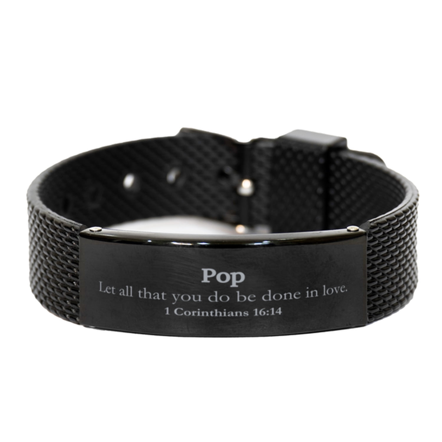 Christian Pop Gifts, Let all that you do be done in love, Bible Verse Scripture Black Shark Mesh Bracelet, Baptism Confirmation Gifts for Pop