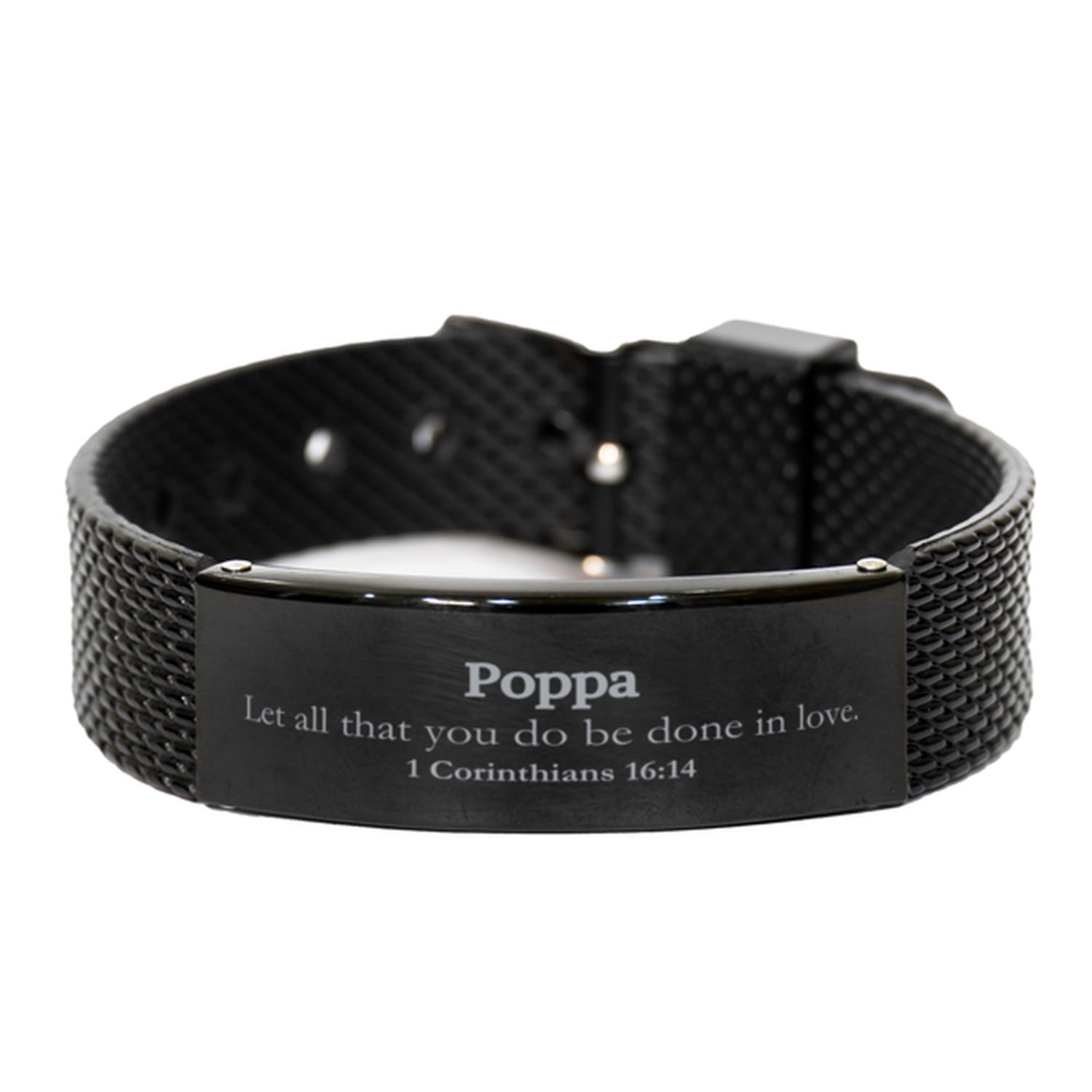 Christian Poppa Gifts, Let all that you do be done in love, Bible Verse Scripture Black Shark Mesh Bracelet, Baptism Confirmation Gifts for Poppa