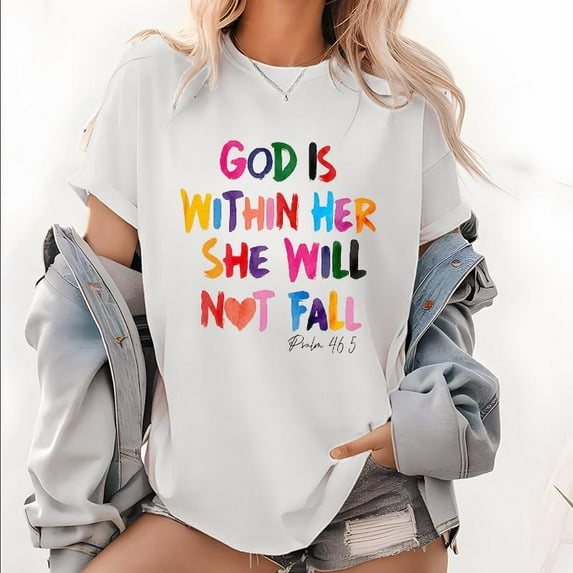Christian Print T Shirts "God is Within Her" Psalm 46:5 Scripture Graphic Tees Inspirational Pattern Tops for Womens Daily Outfits,S-5XL