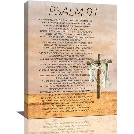 Christian Psalm 91 Wall Art Scripture Bible Verse Wall Decor Farmhouse Religious Cross Canvas Prints Painting Poster Artwork for Living Room Bedroom Bathroom Church 12"x16"