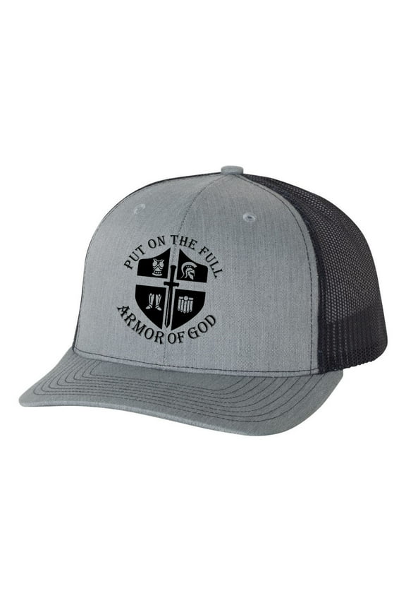 Christian Put On The Full Armor of God Knight Shield Mens Embroidered Mesh Back Trucker Hat, Heather Grey/Black