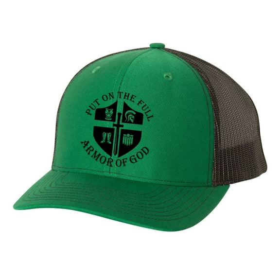 Christian Put On The Full Armor of God Knight Shield Mens Embroidered Mesh Back Trucker Hat, Kelly Green/Black